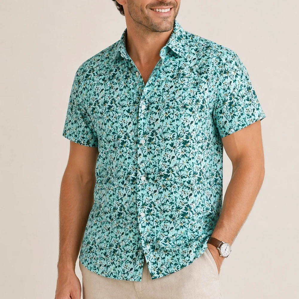 J Crew Short-sleeve linen shirt in aqua floral print Size XL